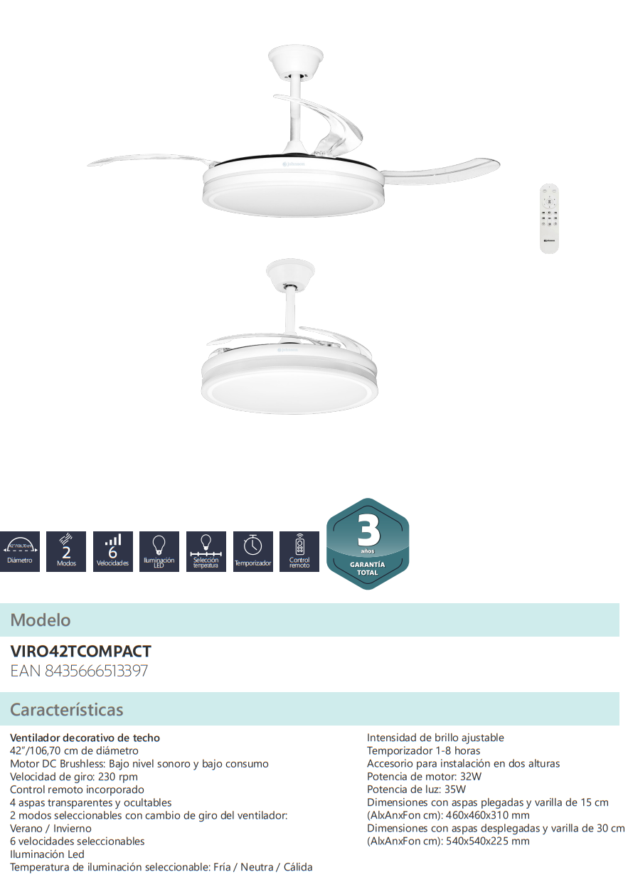Especificaciones Técnicas del Ventilador de Techo JOHNSON VIRO42TCOMPACT